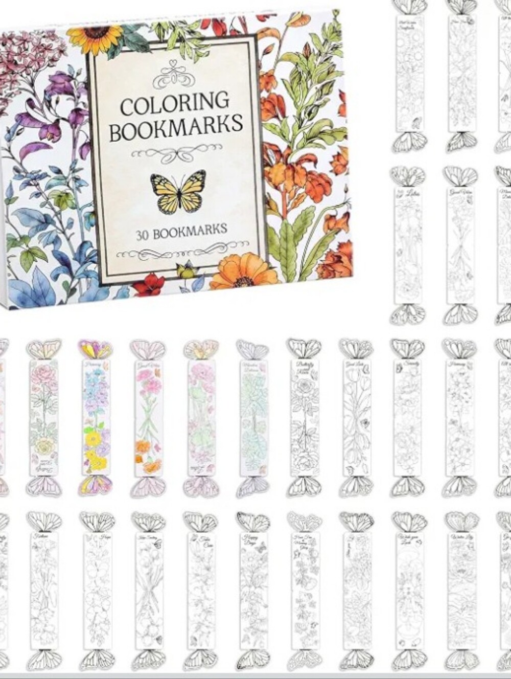 Coloring Bookmarks Set - Floral Butterfly 30-Pack